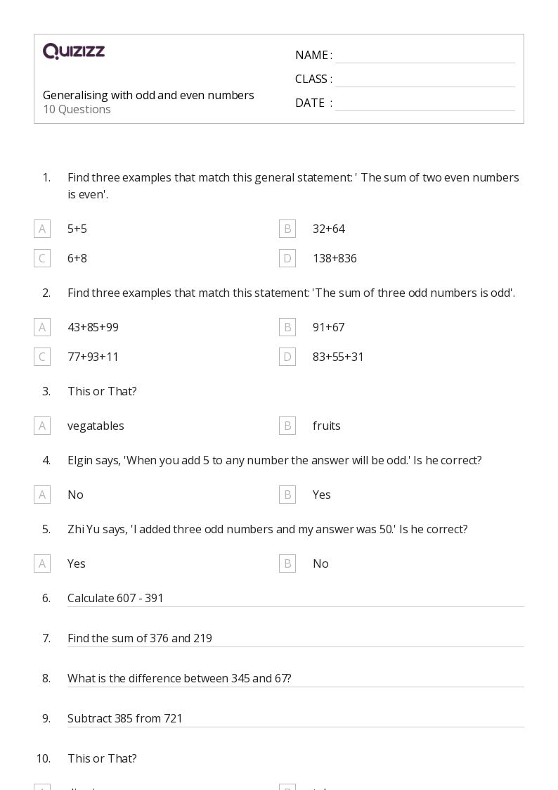 50+ Odd and Even Numbers worksheets for 4th Class on Quizizz Free & Printable