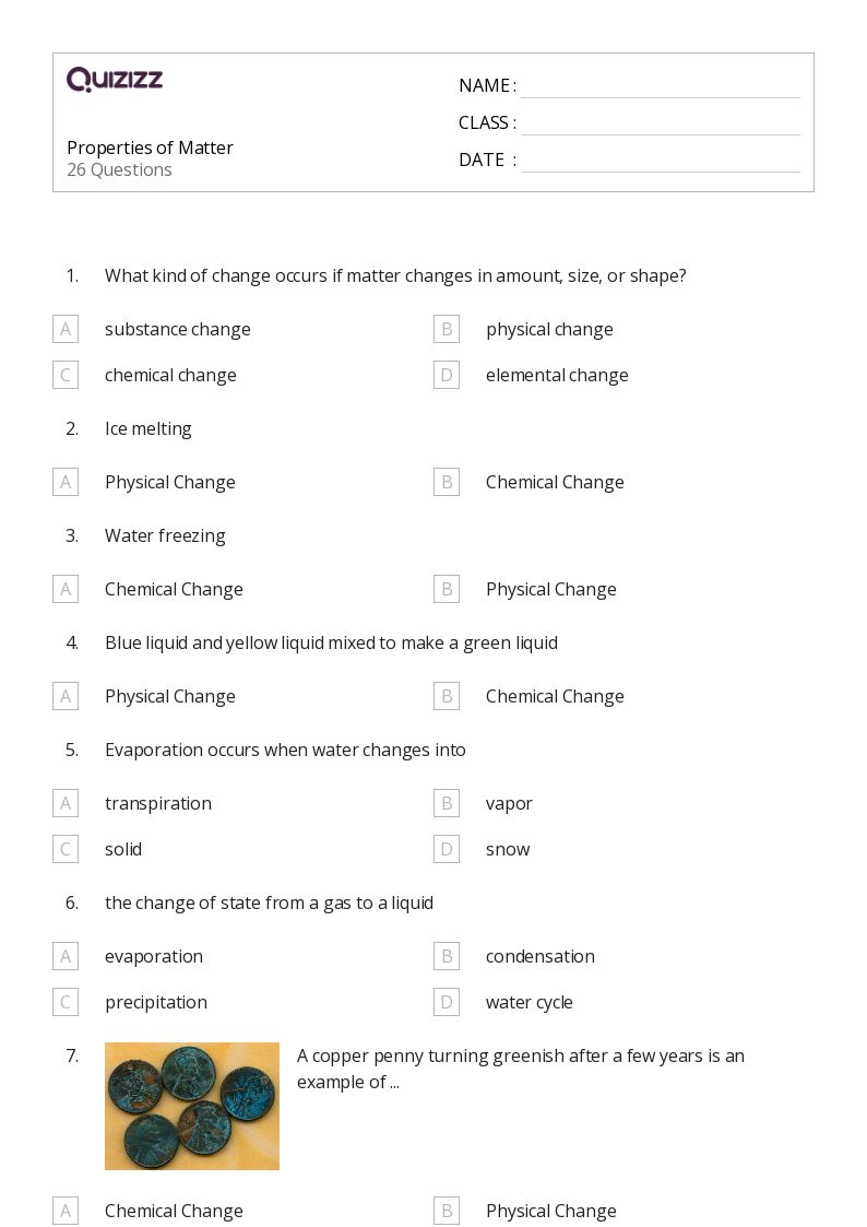 50+ Properties of Matter worksheets on Quizizz Free & Printable