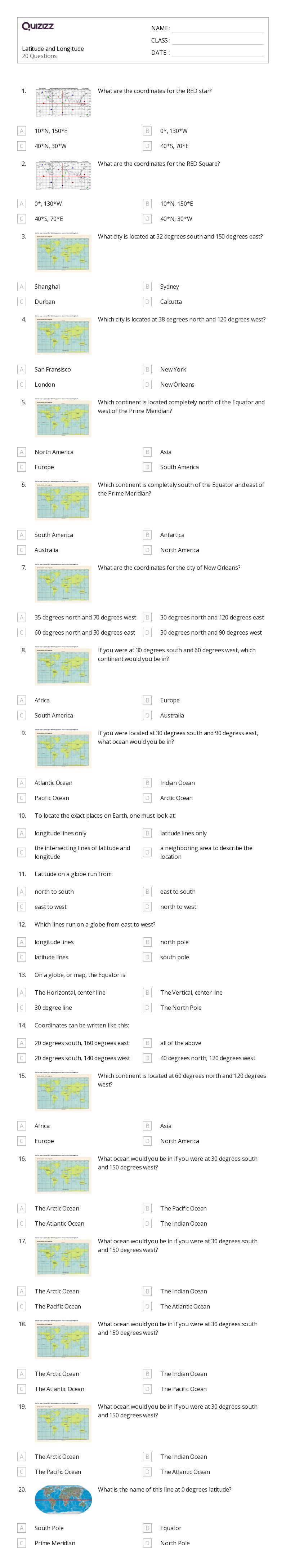 50+ latitude and longitude worksheets for 6th Grade on Quizizz Free & Printable