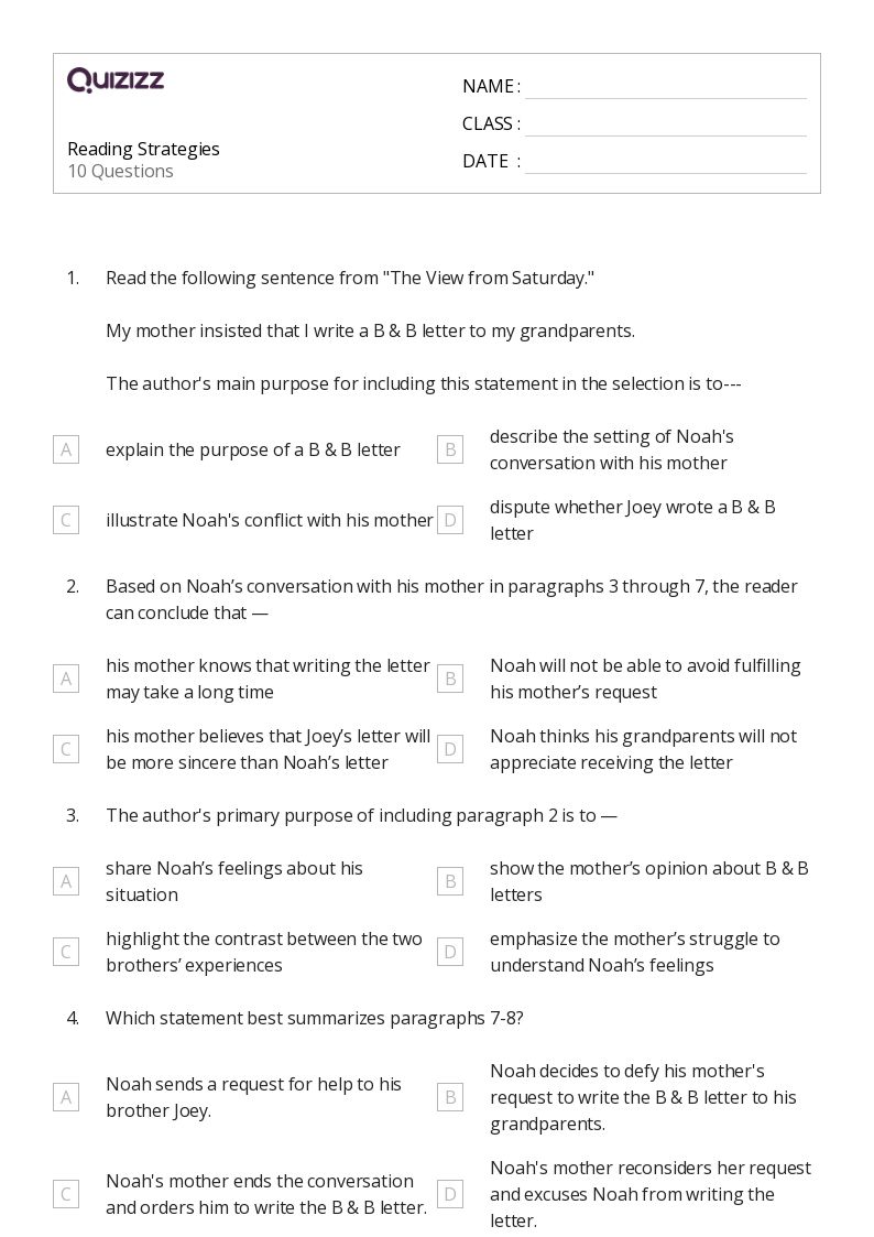 50+ Reading Comprehension Strategies worksheets for 8th Grade on Quizizz Free & Printable