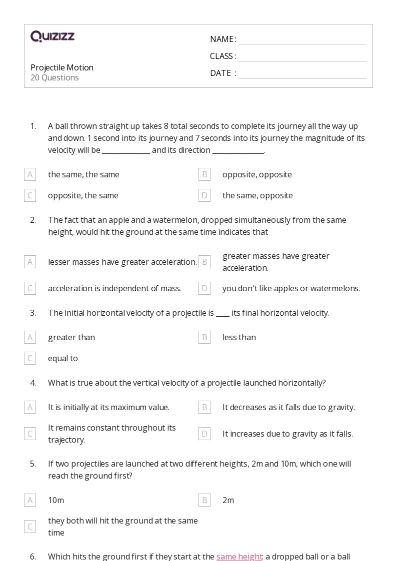 50+ projectile motion worksheets for 12th Grade on Quizizz Free & Printable