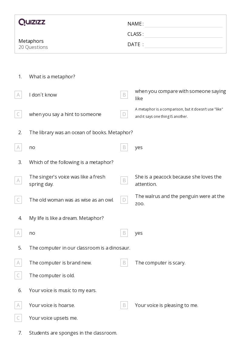 50+ Metaphors worksheets for 7th Grade on Quizizz | Free & Printable