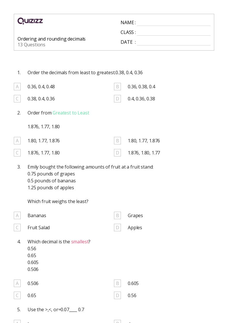 50+ Rounding Decimals worksheets for 7th Grade on Quizizz Free & Printable