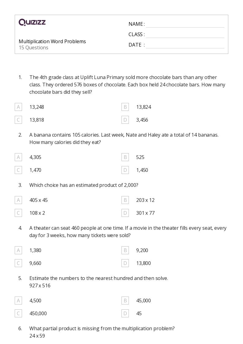 50+ Multiplication Word Problems worksheets for 4th Grade on Quizizz Free & Printable