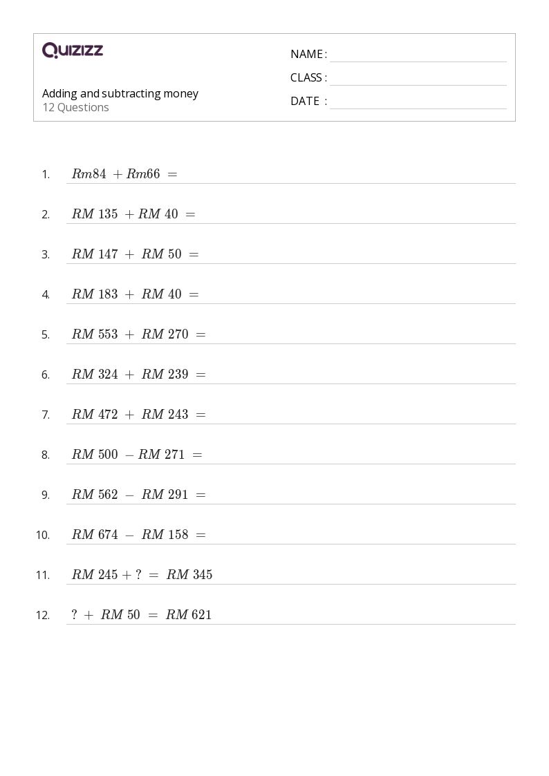 50+ Subtracting Money worksheets for 3rd Class on Quizizz | Free