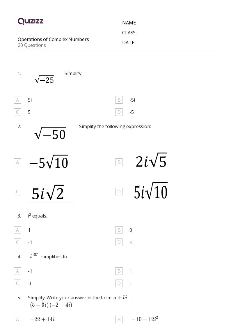 50+ complex numbers worksheets for 8th Grade on Quizizz | Free & Printable