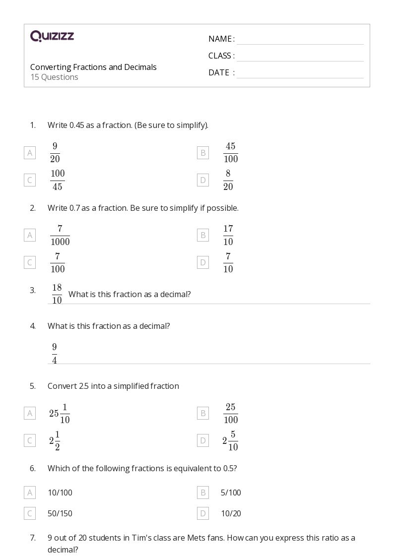 50+ Converting Decimals and Fractions worksheets for 8th Grade on Quizizz Free & Printable