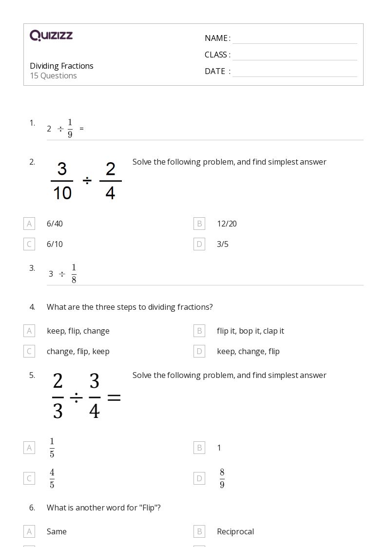50+ Dividing Fractions worksheets for 4th Class on Quizizz Free