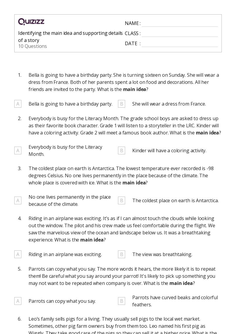 50+ Identifying the Main Idea worksheets for 2nd Grade on Quizizz Free & Printable