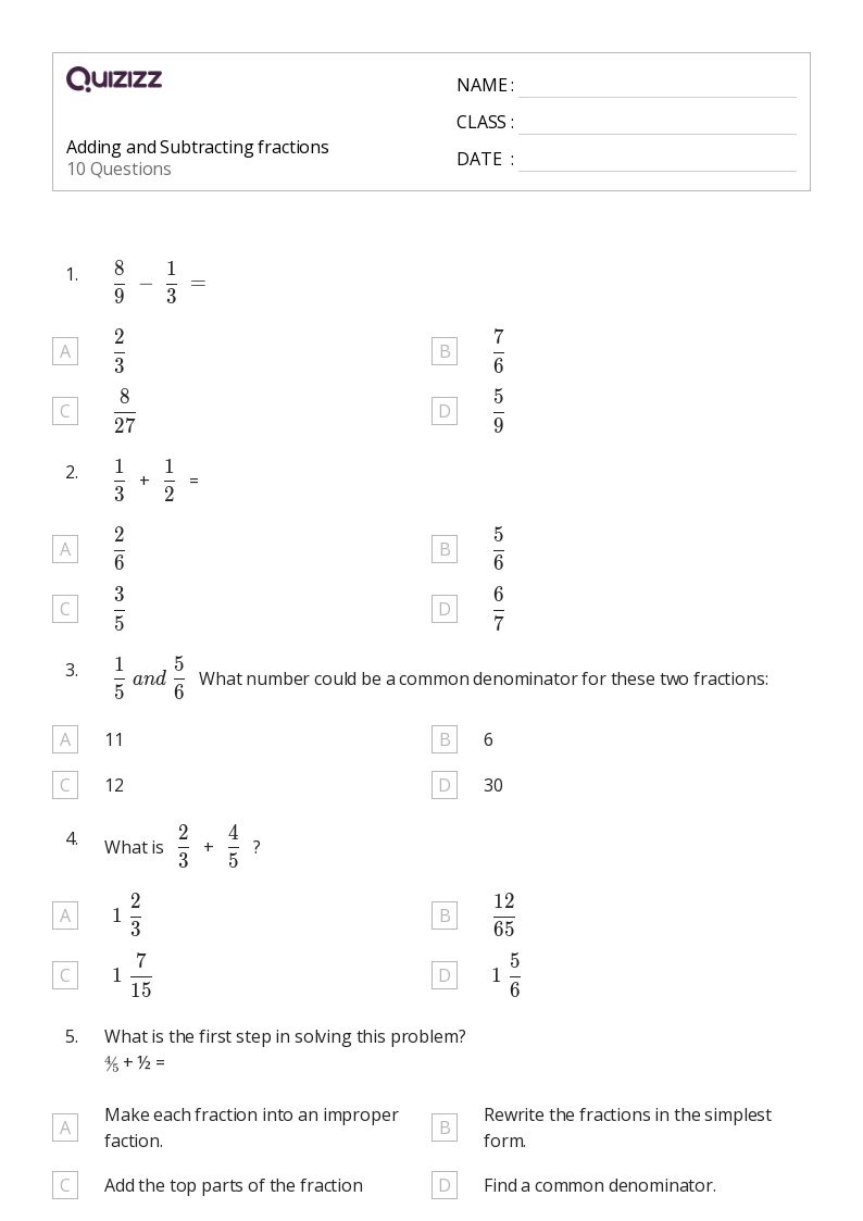 50+ Subtracting Fractions worksheets for 1st Grade on Quizizz Free & Printable