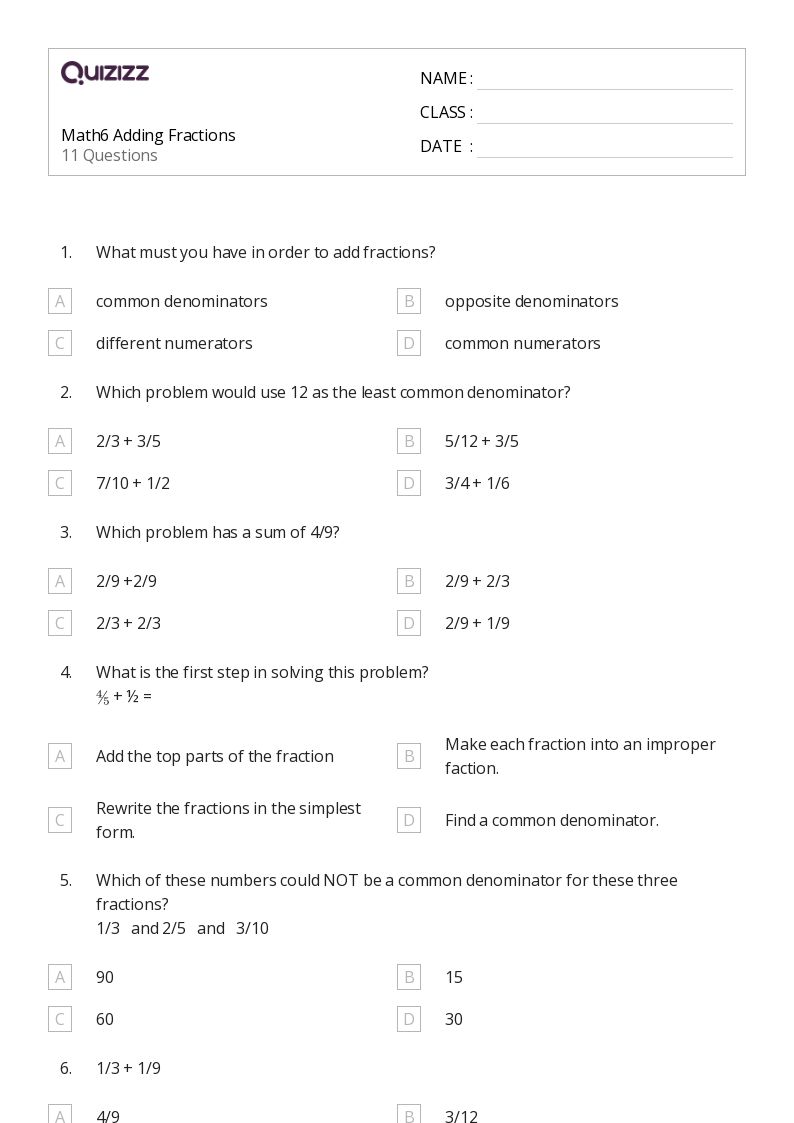50+ Adding Fractions worksheets for 6th Class on Quizizz Free & Printable