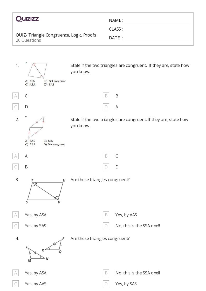 50+ congruent triangles sss sas and asa worksheets for 11th Grade on