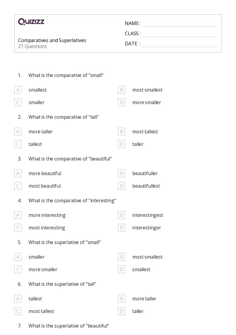 50+ Comparatives and Superlatives worksheets for 2nd Class on Quizizz Free & Printable