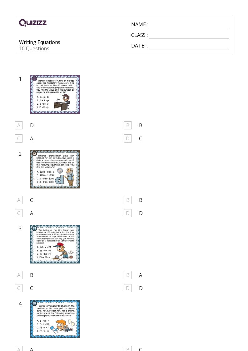 50+ Writing Equations worksheets for 6th Class on Quizizz Free & Printable