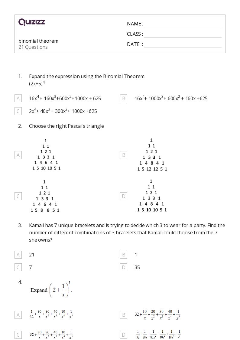 50+ binomial theorem worksheets for 12th Grade on Quizizz Free & Printable
