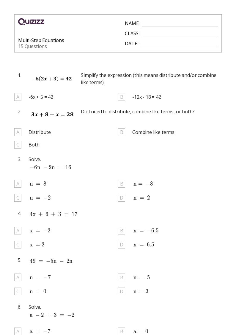 50+ Multi-Step Equations worksheets for 8th Grade on Quizizz | Free
