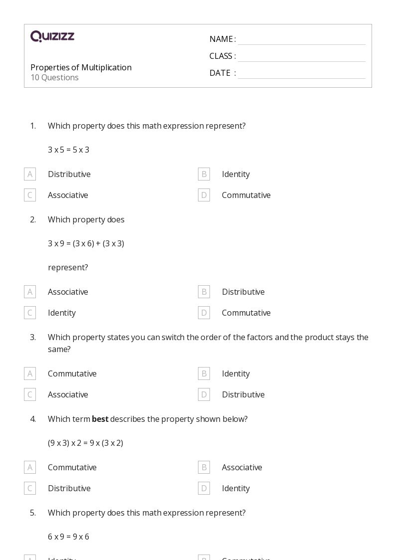 50+ Properties of Multiplication worksheets for 3rd Class on Quizizz