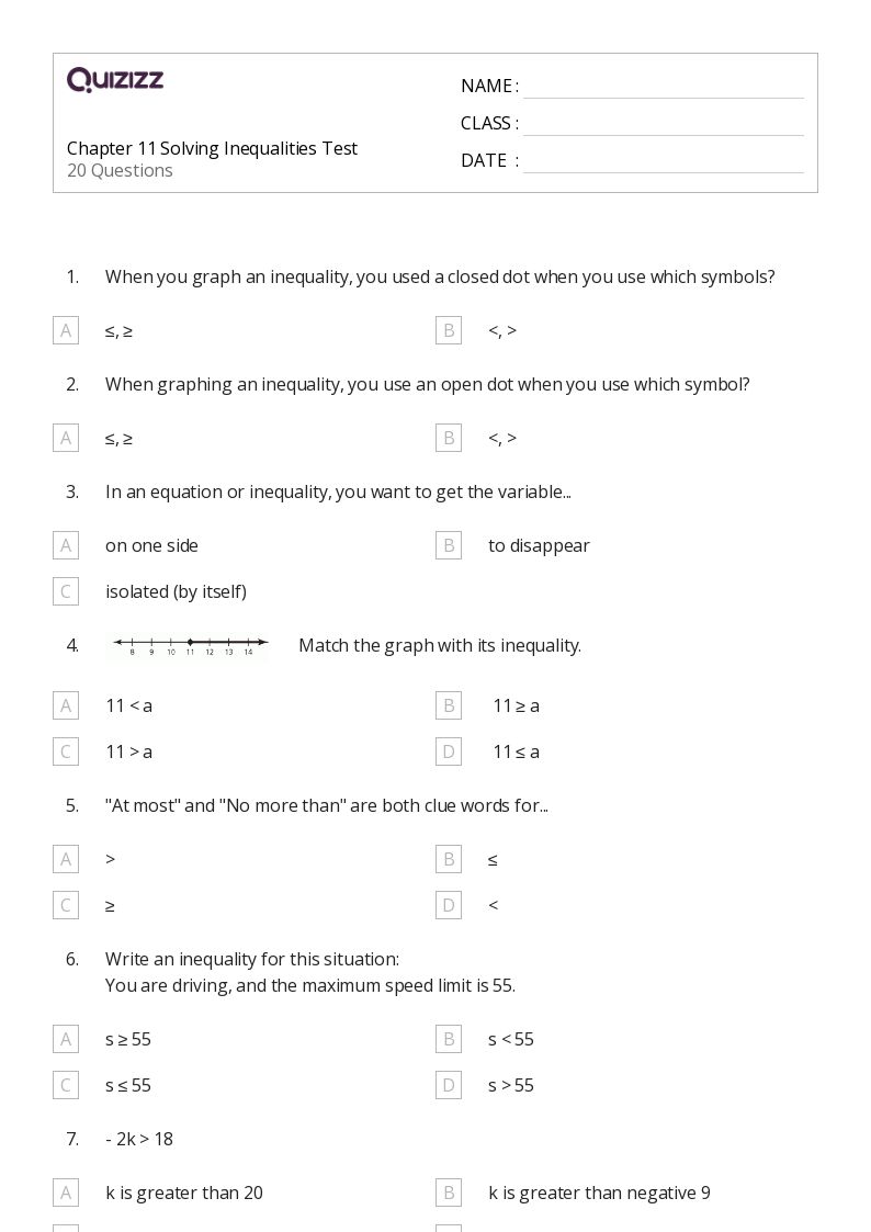 50+ Solving Inequalities worksheets for 6th Grade on Quizizz Free & Printable