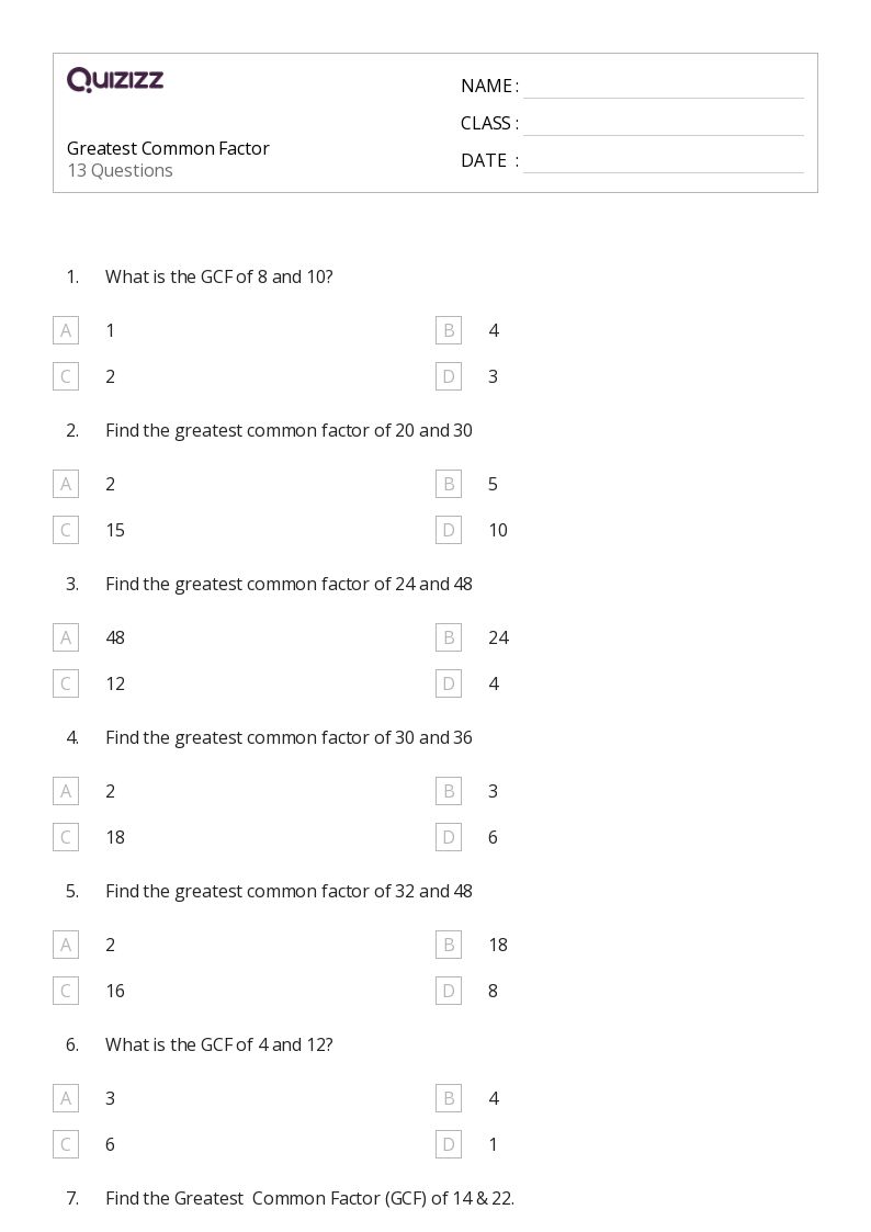 50+ Greatest Common Factor worksheets for 5th Grade on Quizizz | Free