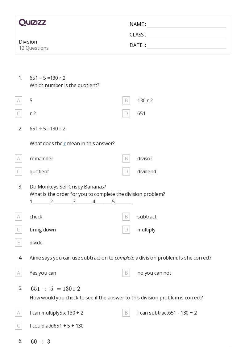 50+ Division worksheets for 5th Grade on Quizizz Free & Printable