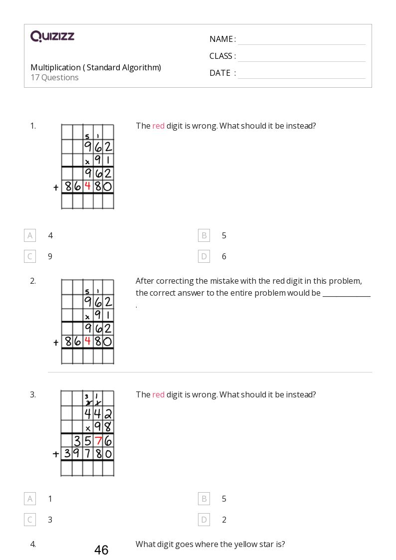 50+ MultiDigit Multiplication and the Standard Algorithm worksheets for 5th Class on Quizizz