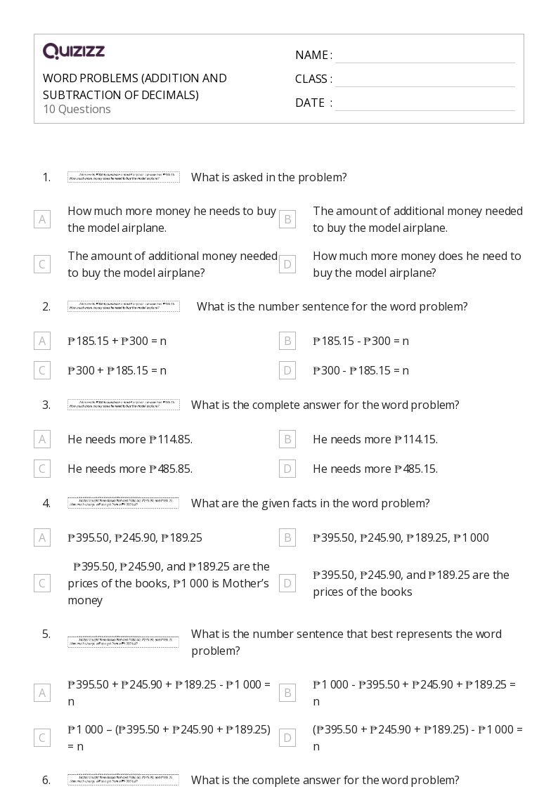 50+ Subtraction Word Problems worksheets for 5th Year on Quizizz Free