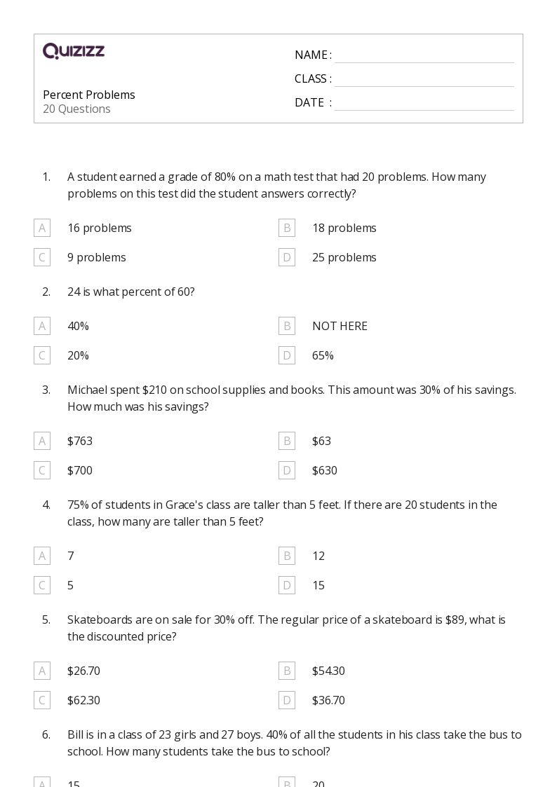 50+ Percent Problems worksheets on Quizizz | Free & Printable