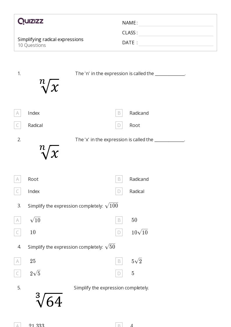 50+ Radical Expressions worksheets on Quizizz Free & Printable