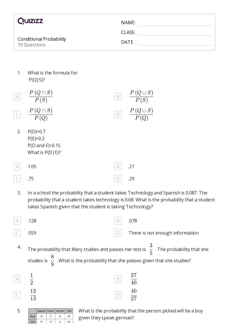 Printable conditional probability Worksheets Quizizz