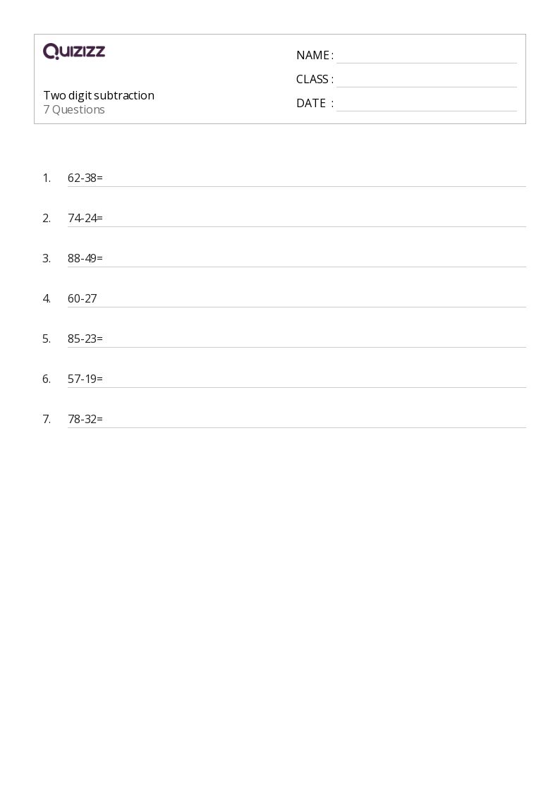 50+ TwoDigit Subtraction worksheets for 2nd Class on Quizizz Free & Printable