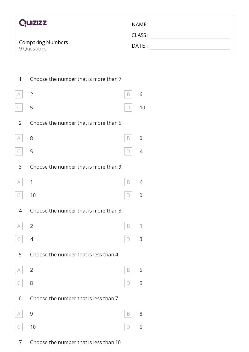 50+ Comparing Numbers 1120 worksheets for 1st Class on Quizizz Free
