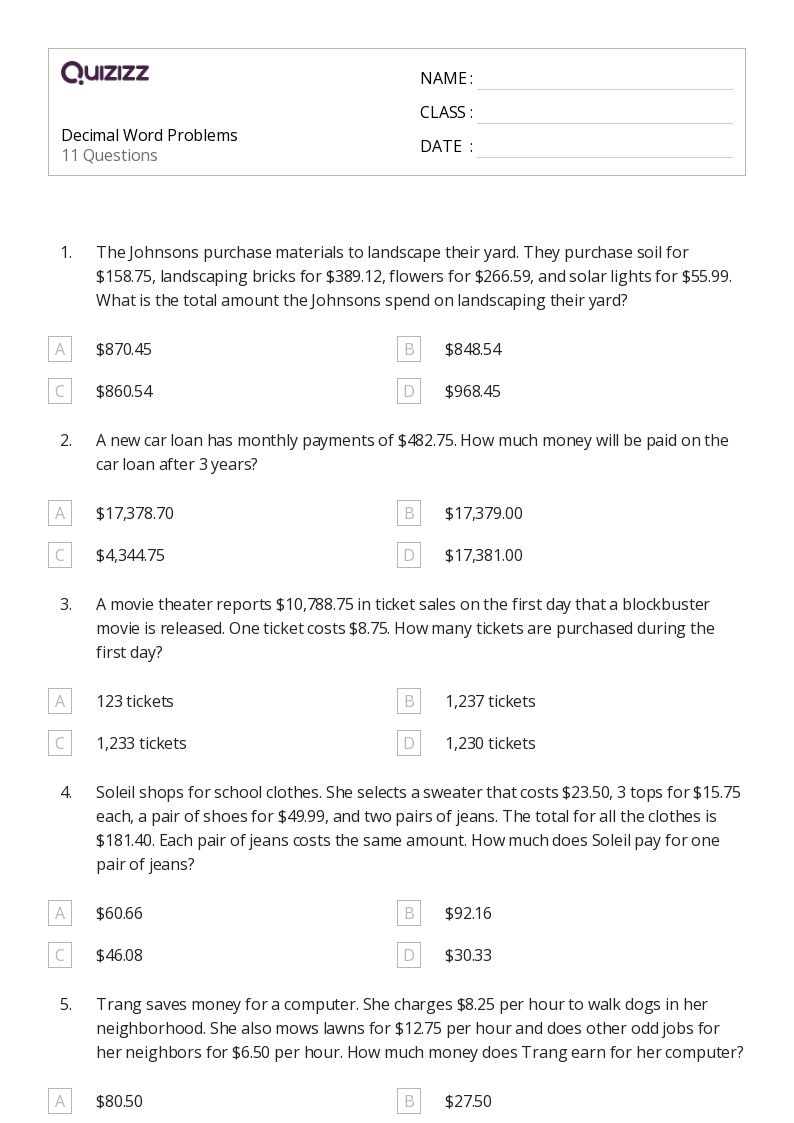 50+ Money Word Problems worksheets for 6th Grade on Quizizz Free & Printable