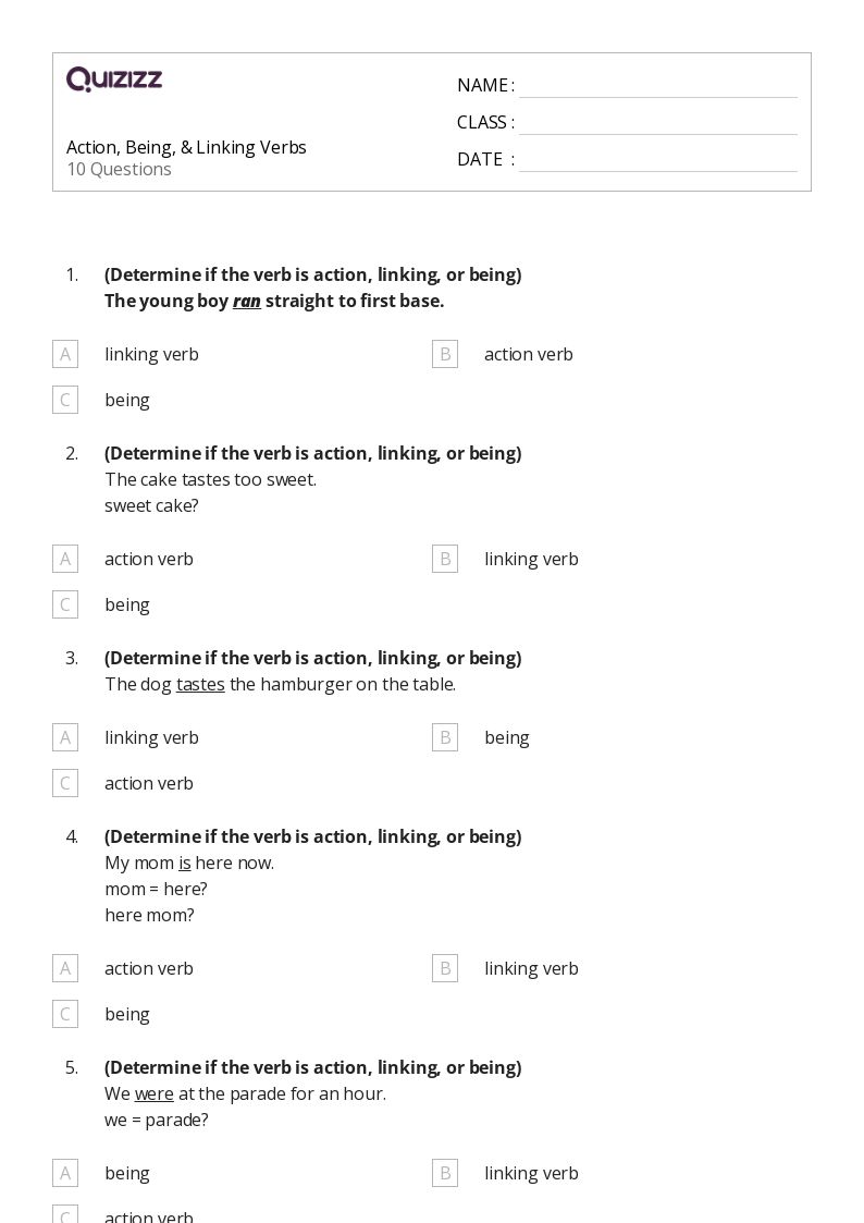 50+ Linking Verbs worksheets on Quizizz Free & Printable
