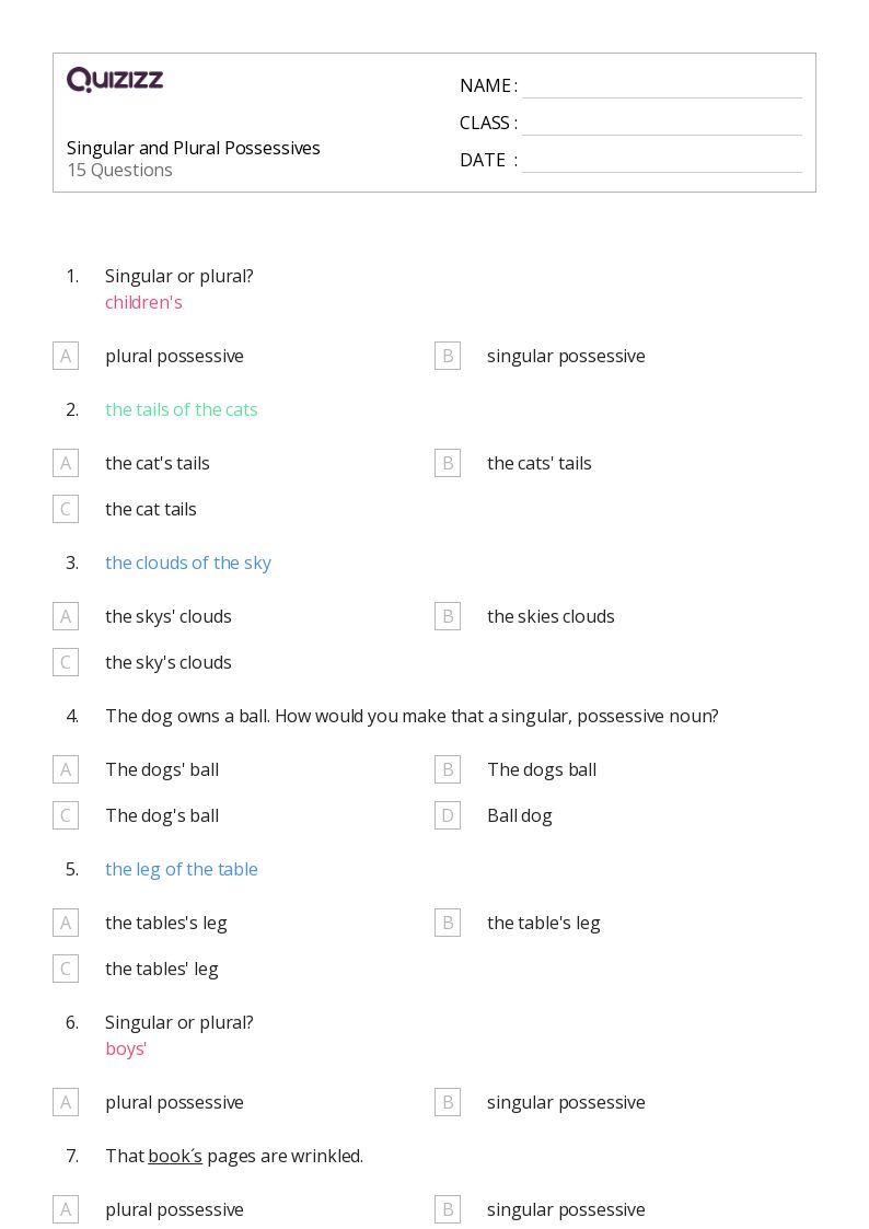 50+ Plural Possessives worksheets on Quizizz Free & Printable