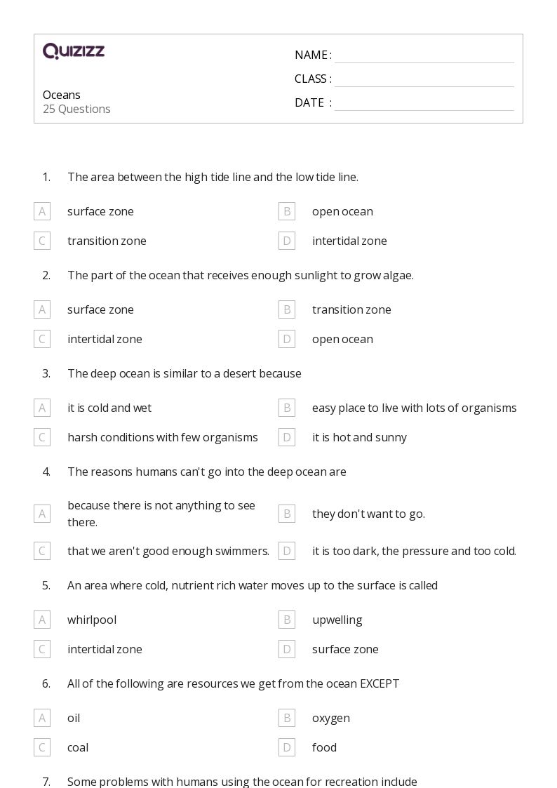 50+ oceans worksheets for 7th Grade on Quizizz Free & Printable
