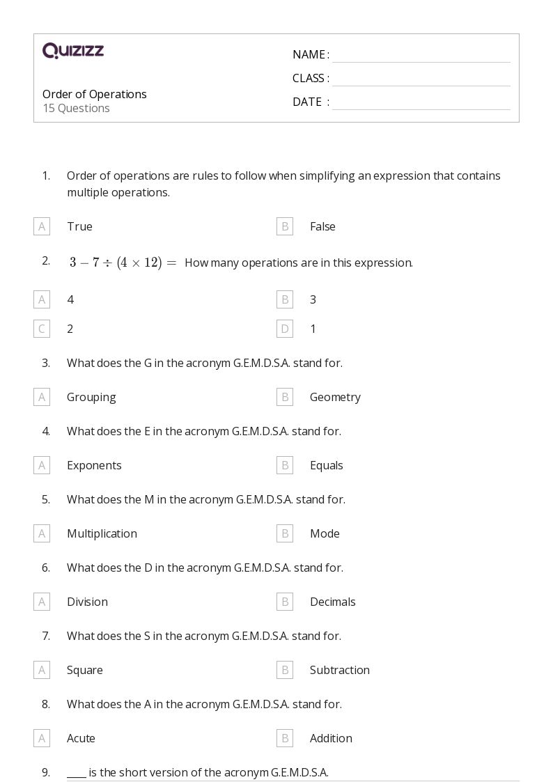50+ Order of Operations worksheets on Quizizz Free & Printable