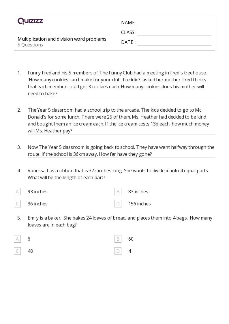 50+ Division Word Problems worksheets on Quizizz Free & Printable