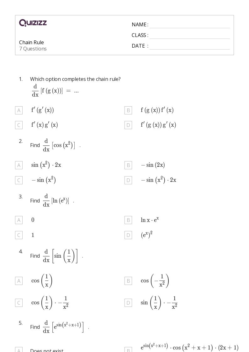 50+ chain rule worksheets for 9th Class on Quizizz Free & Printable
