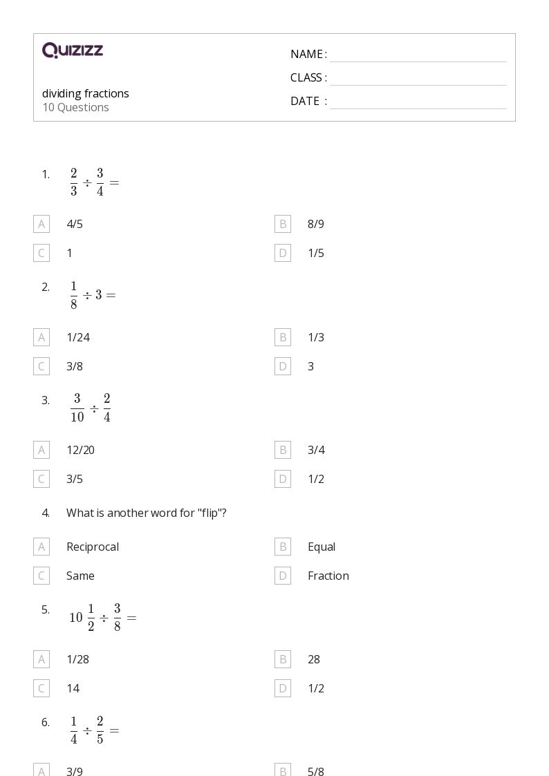 50+ Dividing Fractions worksheets for 2nd Grade on Quizizz Free