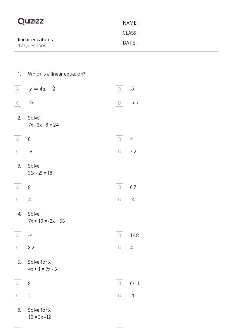 50+ Linear Equations worksheets for 7th Class on Quizizz | Free & Printable