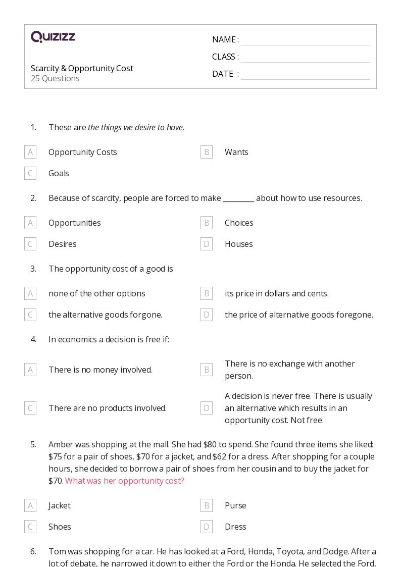 50+ opportunity cost worksheets for 12th Grade on Quizizz | Free