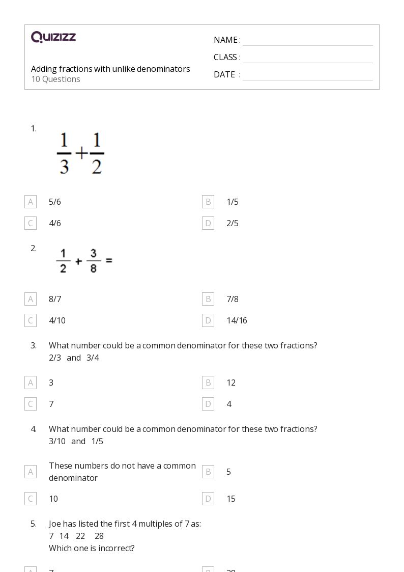 50+ Adding Fractions with Unlike Denominators worksheets on Quizizz