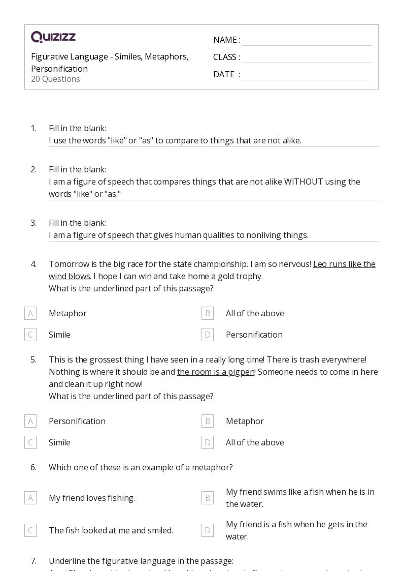 50+ Metaphors worksheets for 5th Grade on Quizizz Free & Printable