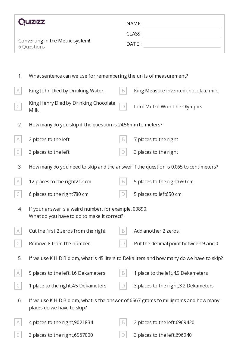 50+ Converting Metric Units worksheets for 5th Class on Quizizz Free & Printable