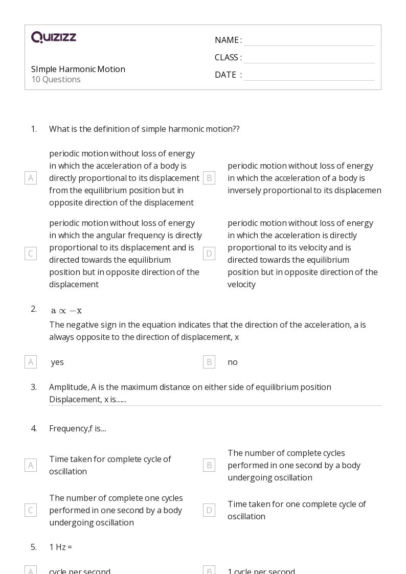 50+ simple harmonic motion worksheets for 12th Class on Quizizz | Free