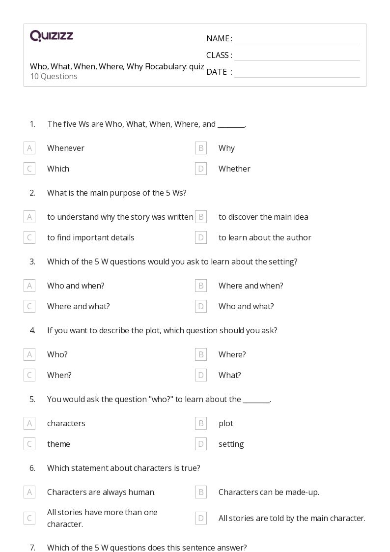 50+ Who What When Where Why Questions worksheets on Quizizz Free & Printable