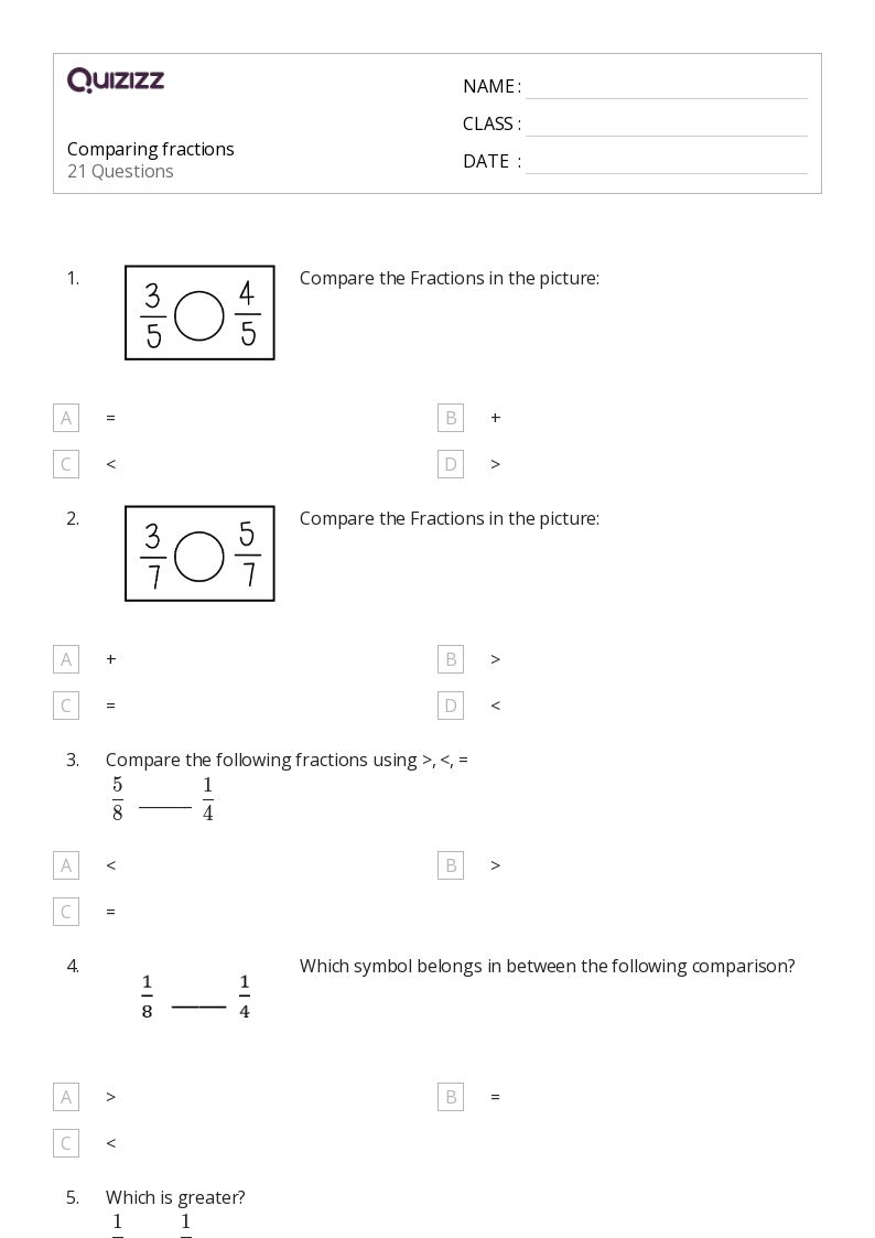 50+ Comparing Fractions worksheets for 4th Class on Quizizz Free