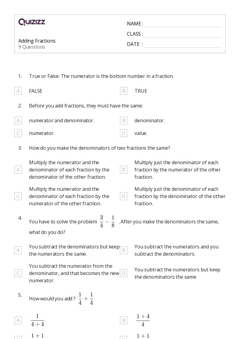 50+ Adding Fractions worksheets for 6th Grade on Quizizz Free & Printable