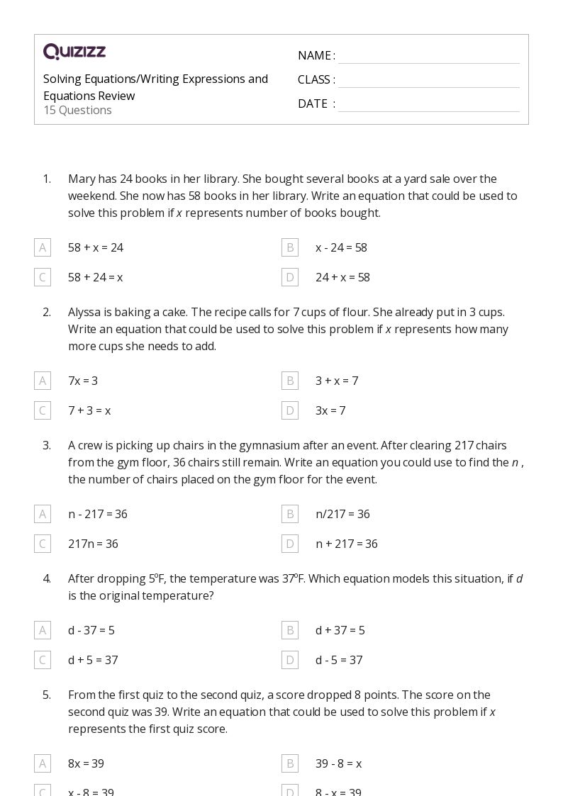 50+ Writing Expressions worksheets for 8th Grade on Quizizz Free & Printable