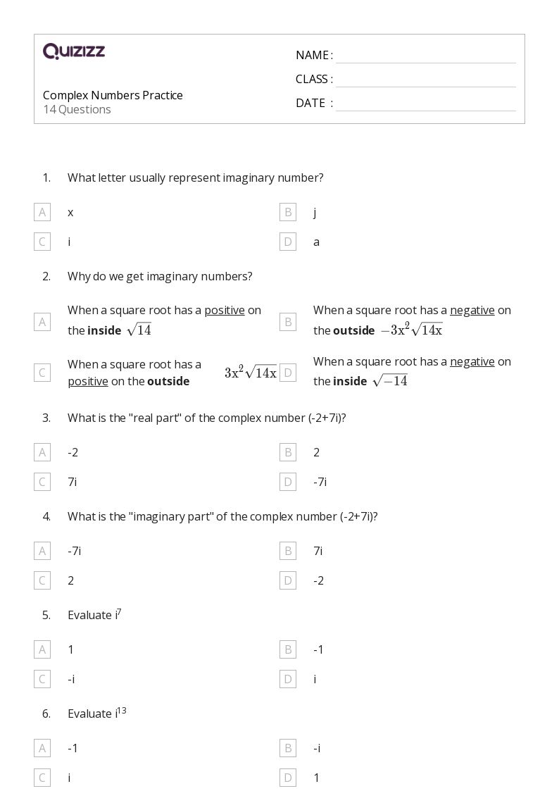 50+ complex numbers worksheets for 9th Class on Quizizz | Free & Printable